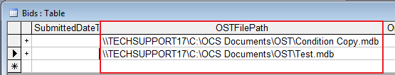 Quick Bid database Bids table showing connected On-Screen Takeoff database